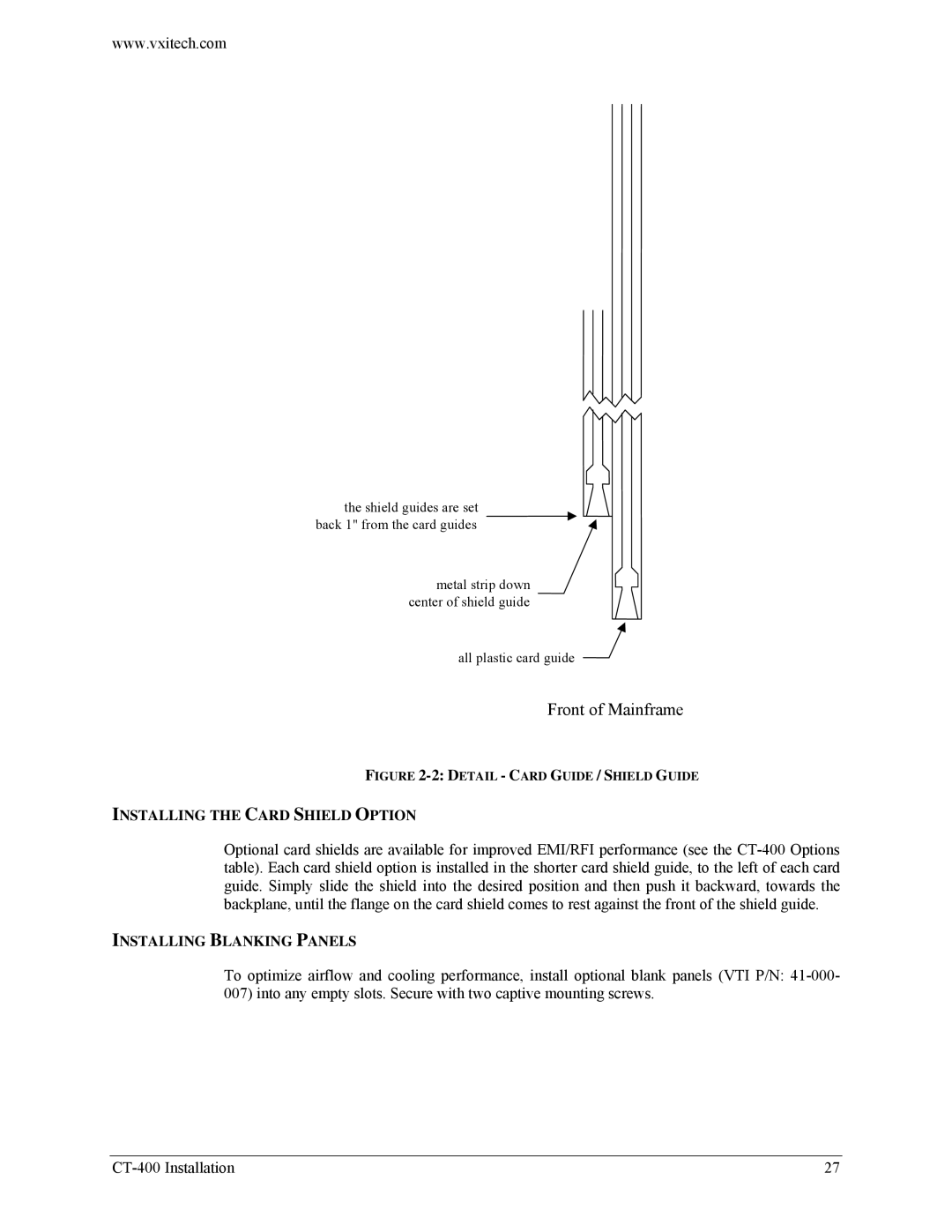 VXI CT-400 user manual Installing the Card Shield Option, Installing Blanking Panels 