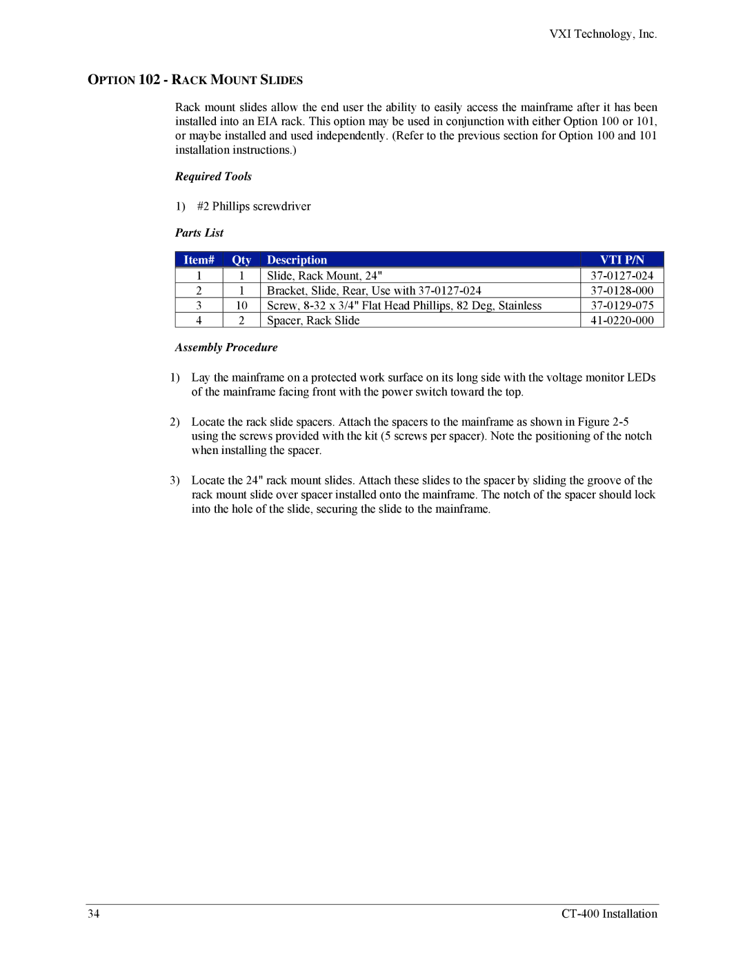 VXI CT-400 user manual Option 102 Rack Mount Slides 