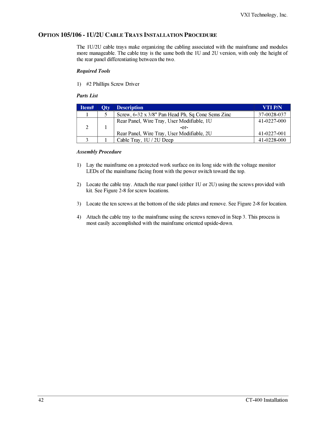 VXI CT-400 user manual Option 105/106 1U/2U Cable Trays Installation Procedure 