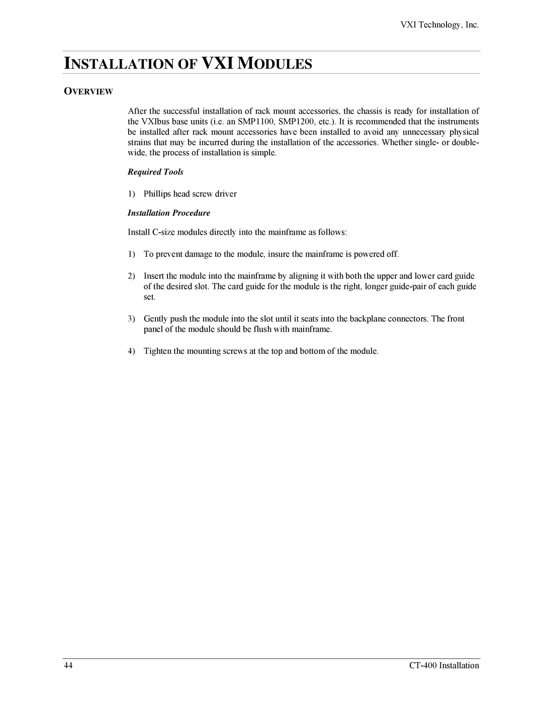 VXI CT-400 user manual Installation of VXI Modules, Installation Procedure 