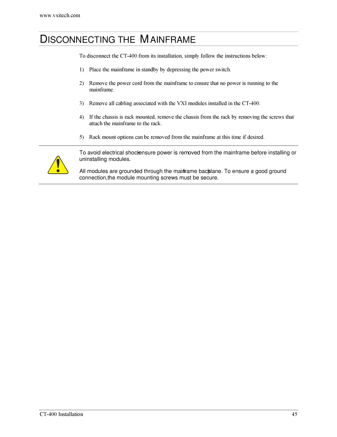 VXI CT-400 user manual Disconnecting the Mainframe 