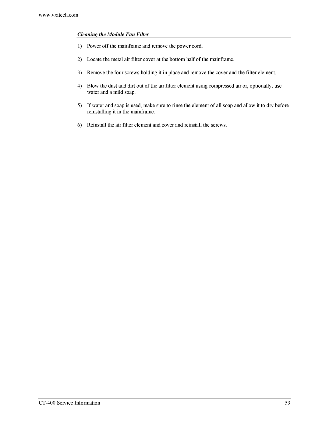 VXI CT-400 user manual Cleaning the Module Fan Filter 