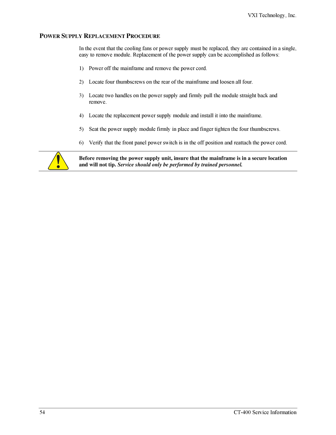 VXI CT-400 user manual Power Supply Replacement Procedure 