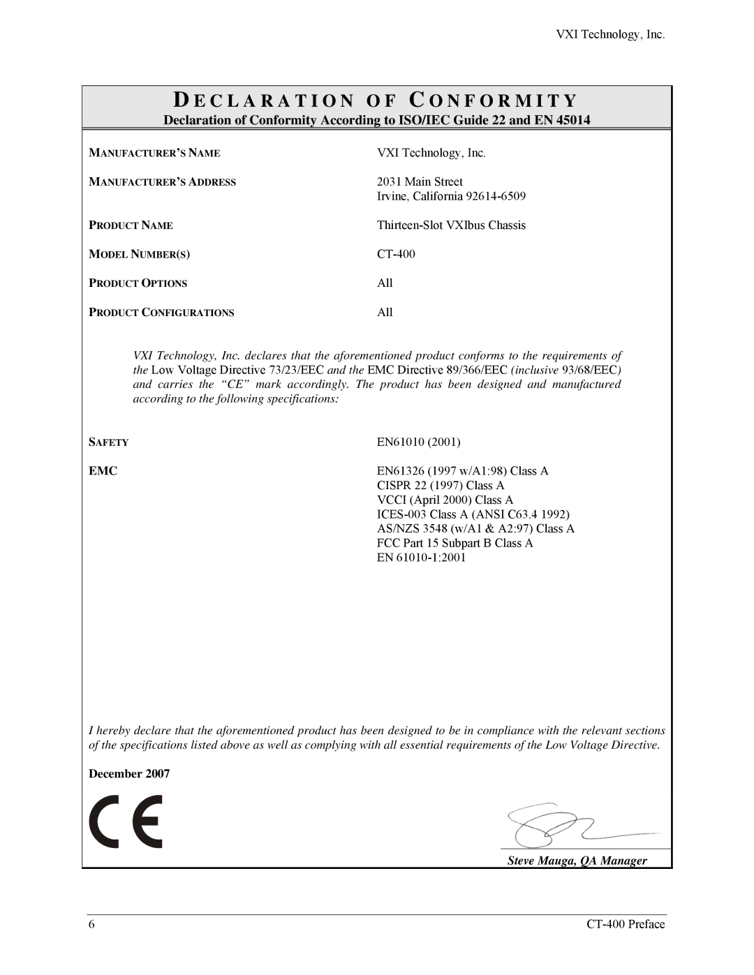 VXI CT-400 user manual Emc, Steve Mauga, QA Manager 