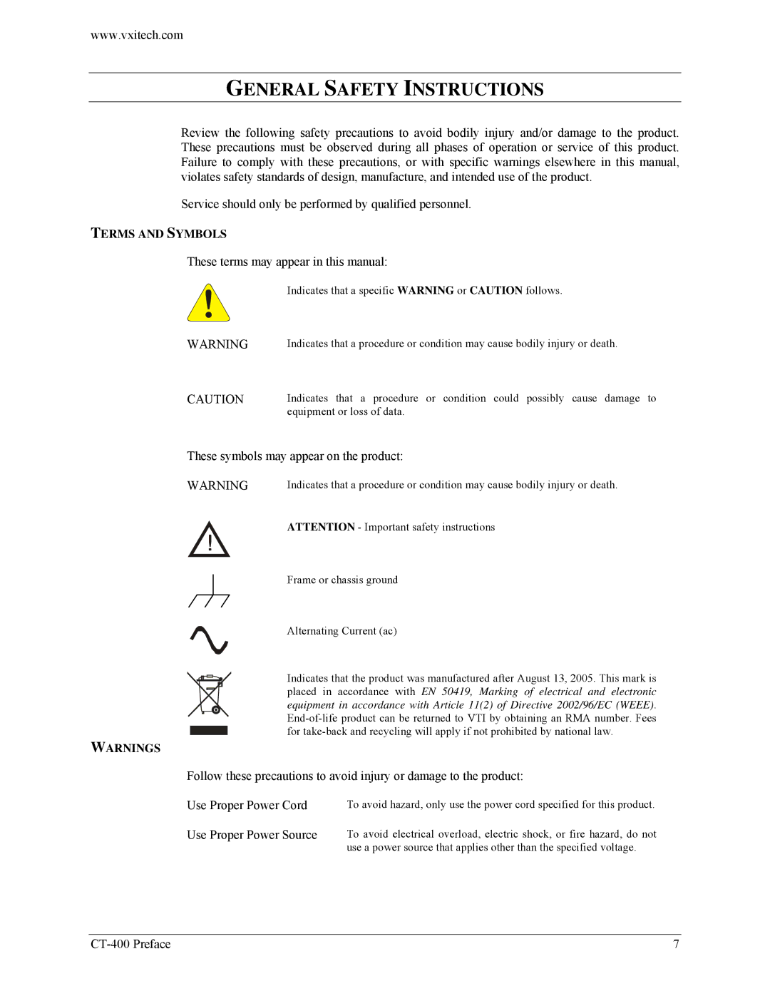 VXI CT-400 user manual General Safety Instructions, Terms and Symbols 