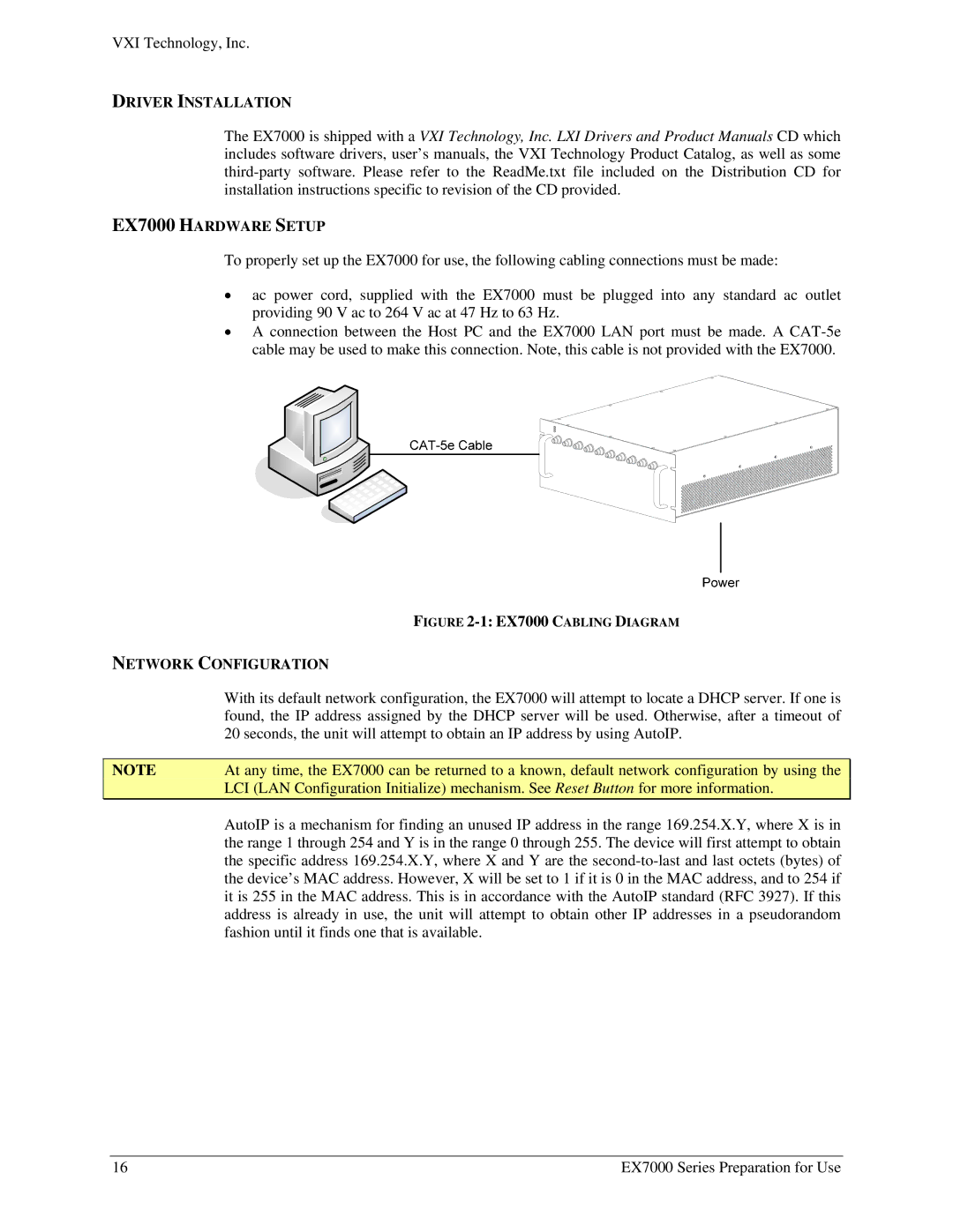 VXI user manual Driver Installation, EX7000 Hardware Setup, Network Configuration 