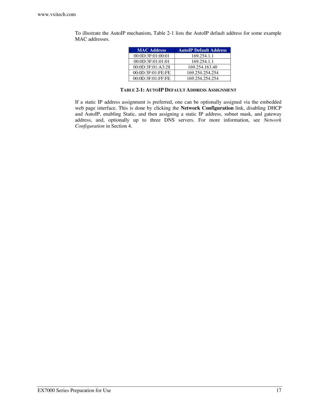 VXI EX7000 user manual MAC Address AutoIP Default Address 