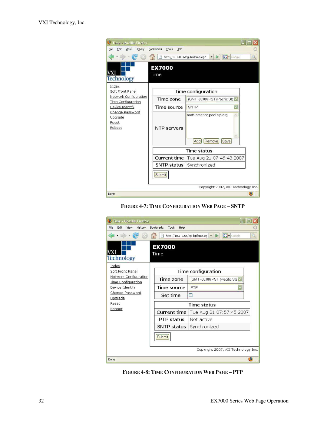 VXI EX7000 user manual Time Configuration WEB page Sntp 