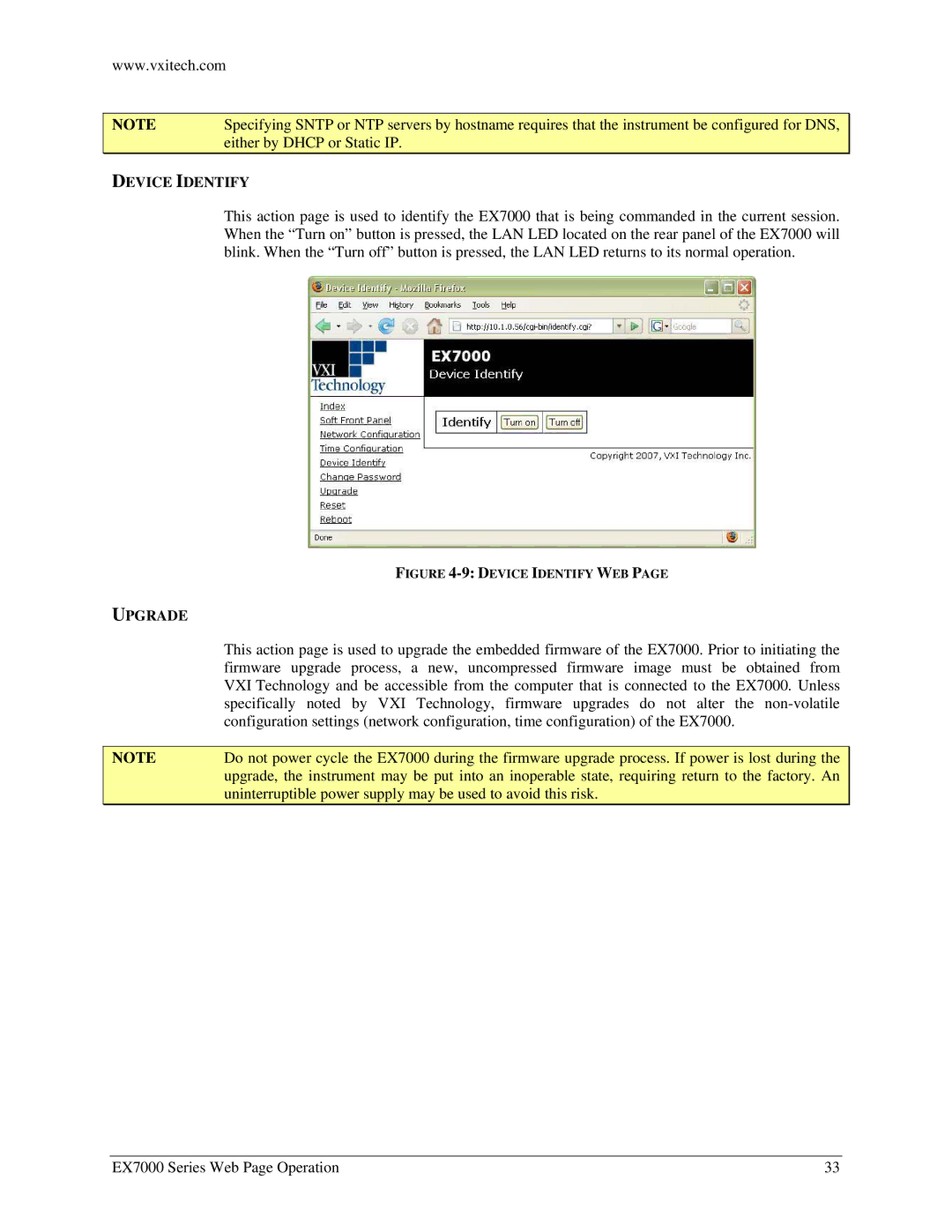 VXI EX7000 user manual Device Identify, Upgrade 