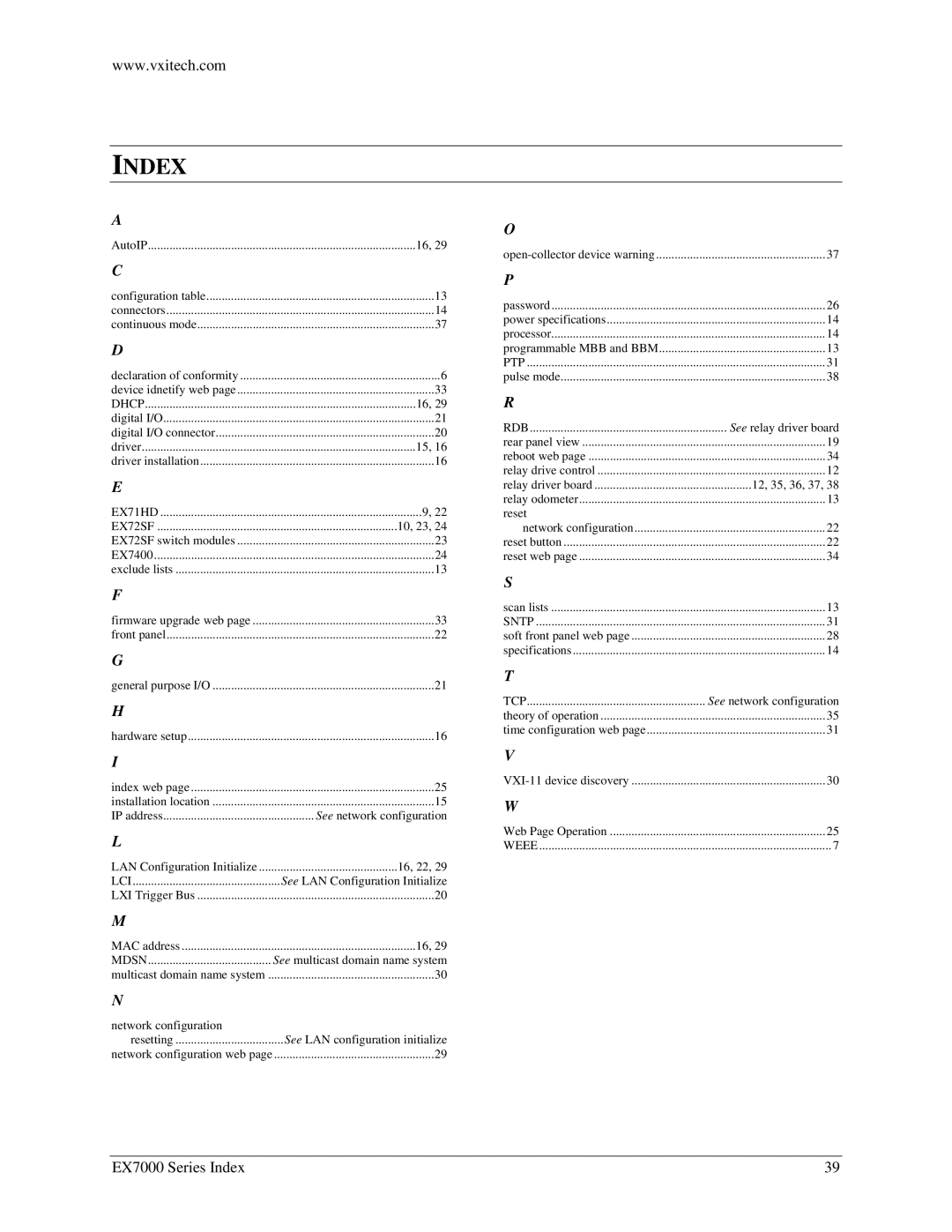 VXI EX7000 user manual Index 