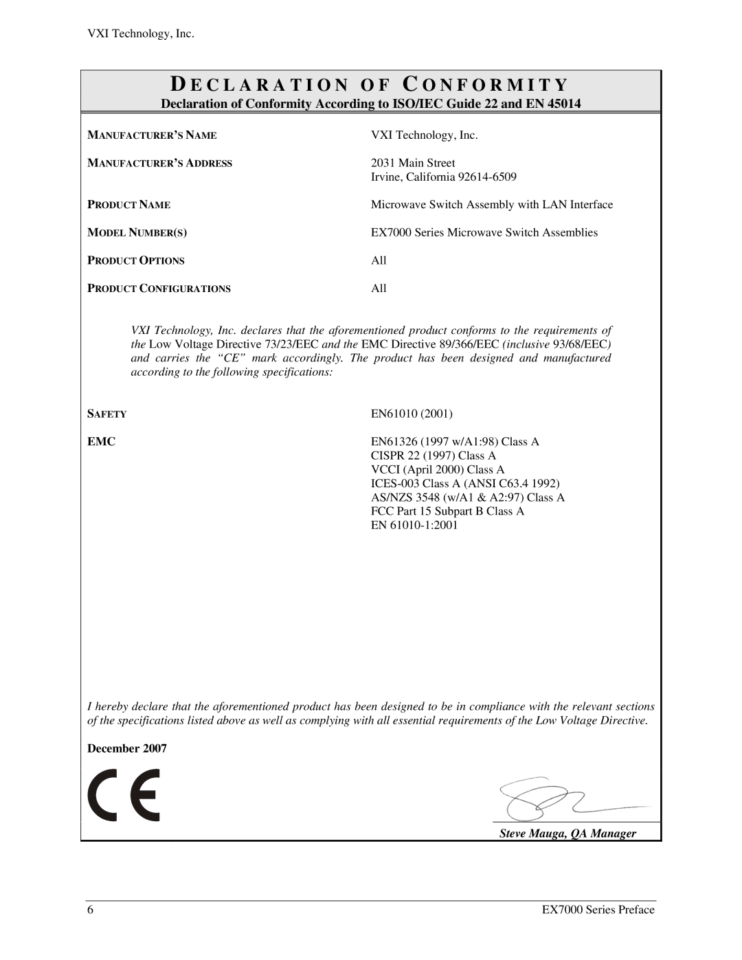 VXI EX7000 user manual Emc, Steve Mauga, QA Manager 