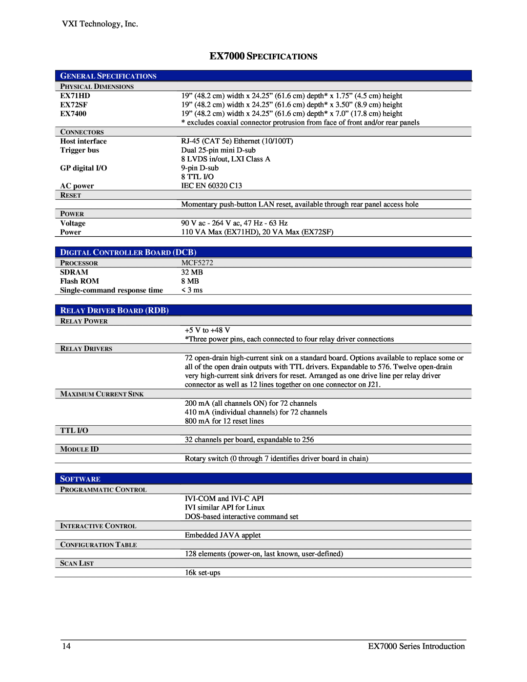 VXI user manual EX7000 SPECIFICATIONS 