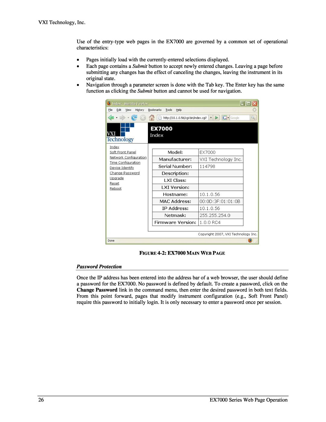 VXI user manual 2 EX7000 MAIN WEB PAGE, Password Protection 