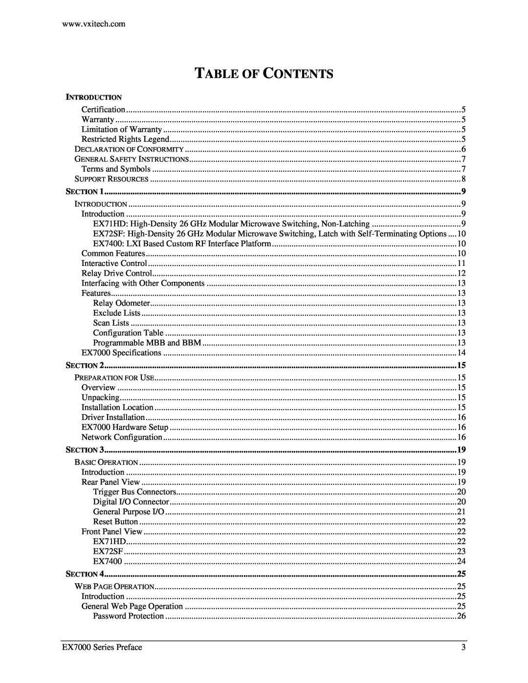 VXI EX7000 user manual Table Of Contents, S Ection 