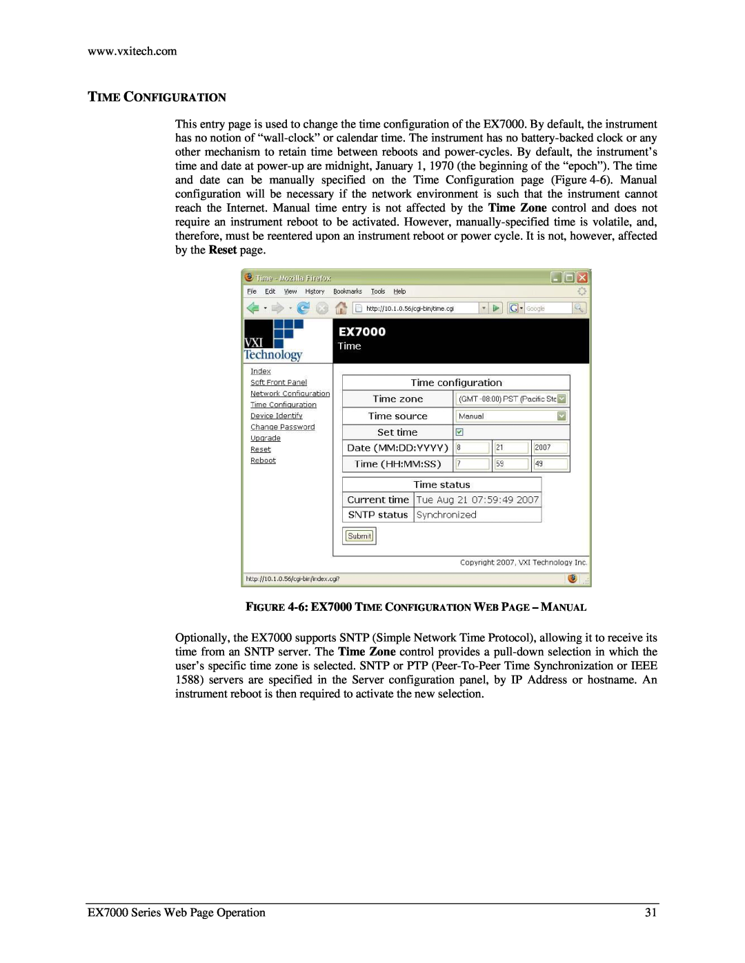 VXI user manual Time Configuration, 6 EX7000 TIME CONFIGURATION WEB PAGE - MANUAL 