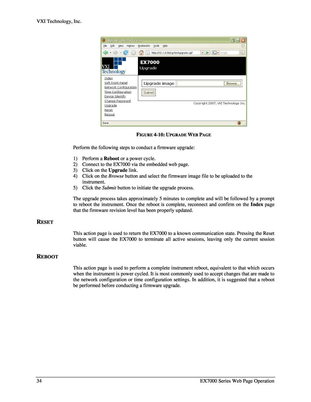 VXI EX7000 user manual Reset, Reboot, 10 UPGRADE WEB PAGE 