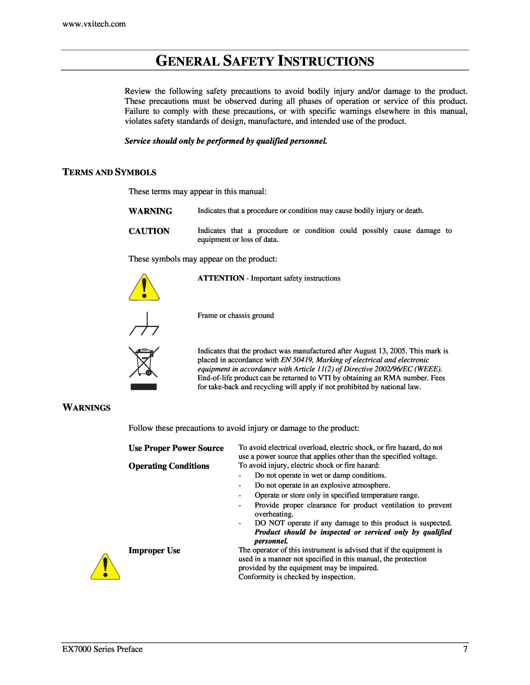 VXI EX7000 General Safety Instructions, Service should only be performed by qualified personnel, Terms And Symbols 