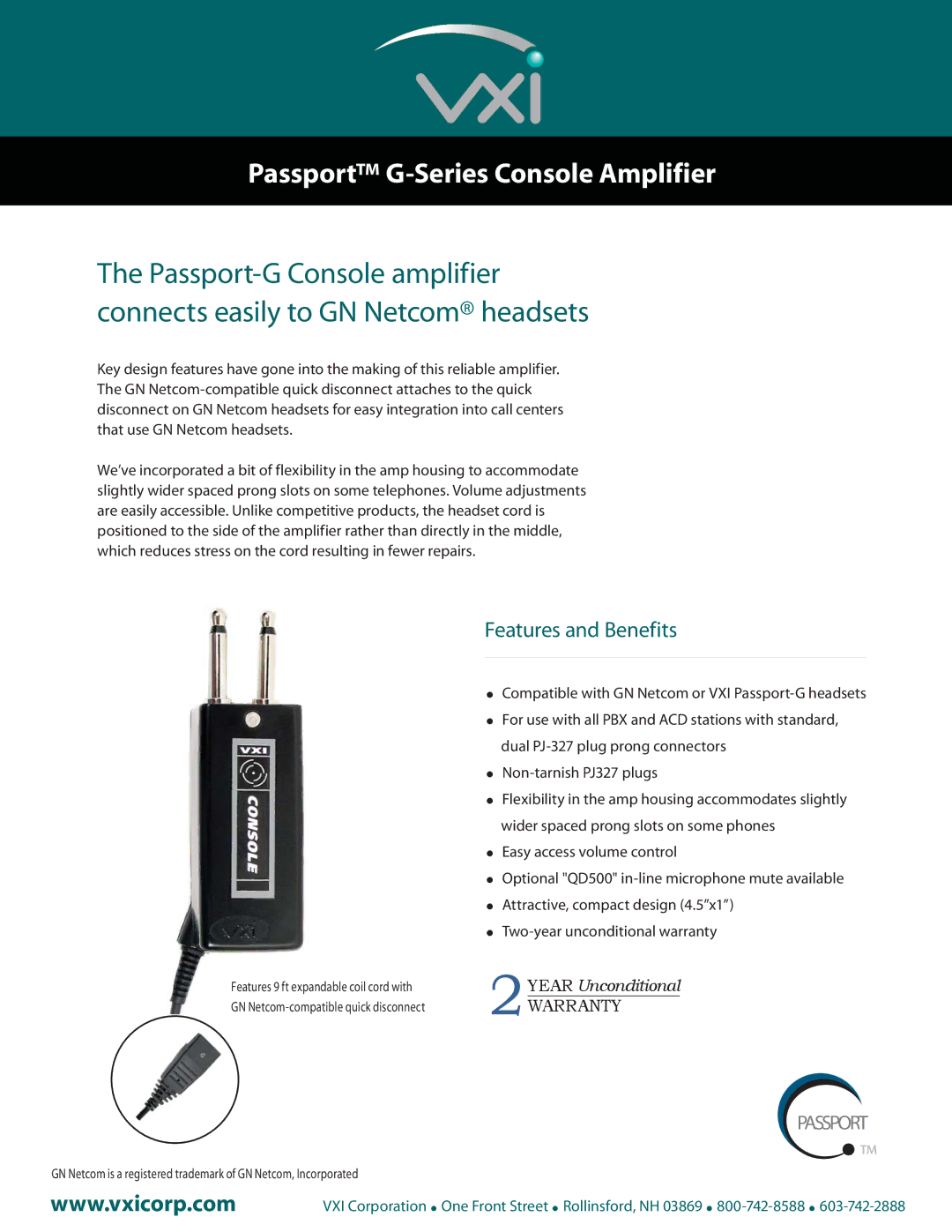 VXI warranty Passport G-Series Console Amplifier, WarrantyWARRANTY, Features and Benefits 