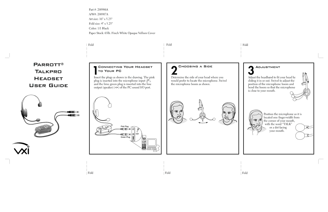 VXI manual Parrott Talkpro Headset User Guide, 1Connecting Your Headset to Your PC, 2Choosing a Side, Adjustment 