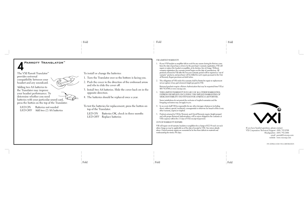 VXI Headset manual 4Parrott Translator, LED on, Led Off 