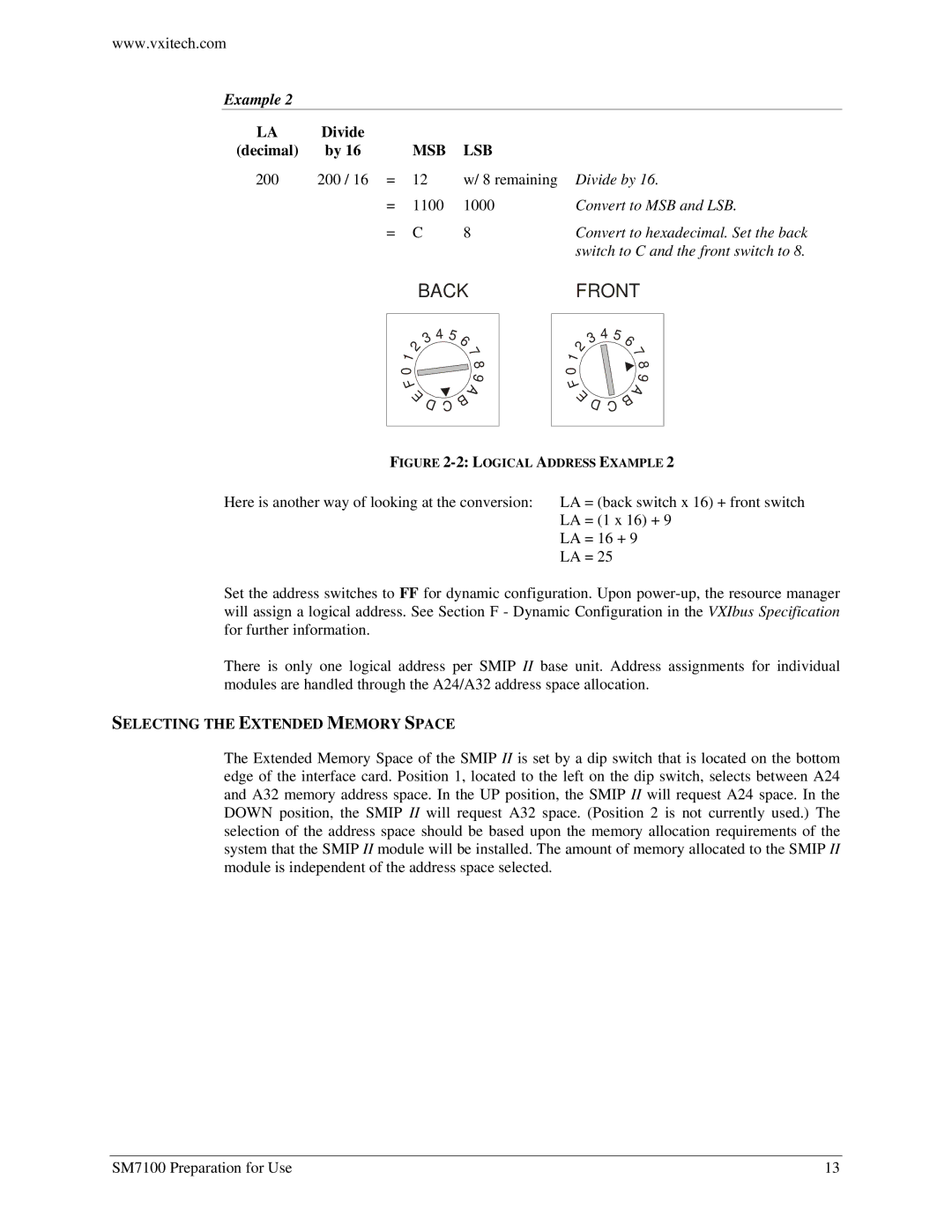 VXI SM7100, Microwave Matrix user manual Selecting the Extended Memory Space 