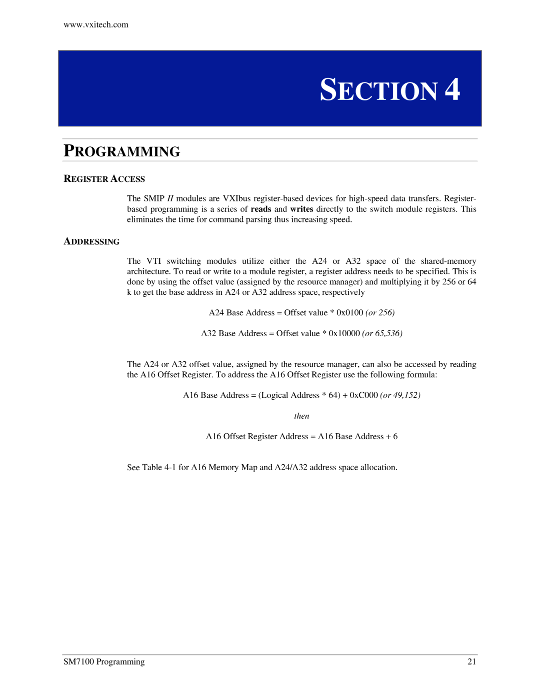 VXI SM7100, Microwave Matrix user manual Register Access, Addressing 