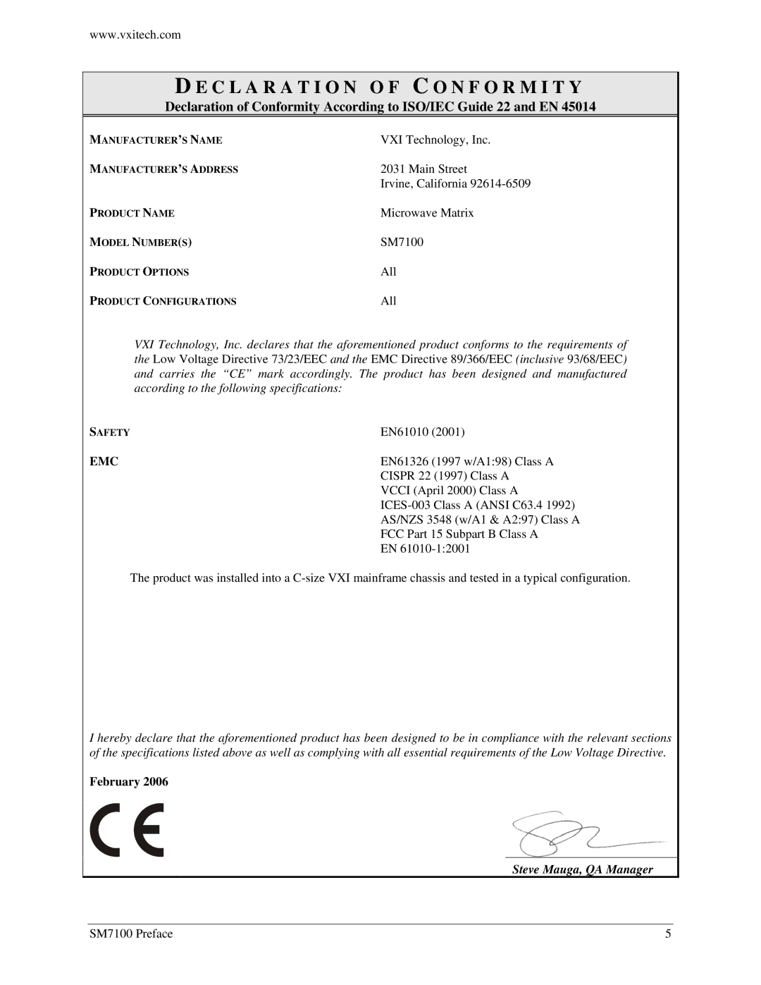 VXI SM7100, Microwave Matrix user manual C L a R a T I O N O F C O N F O R M I T Y, Emc 