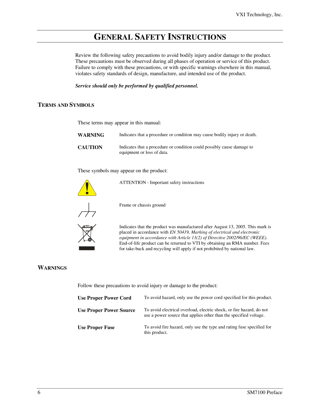 VXI Microwave Matrix, SM7100 user manual General Safety Instructions, Terms and Symbols 