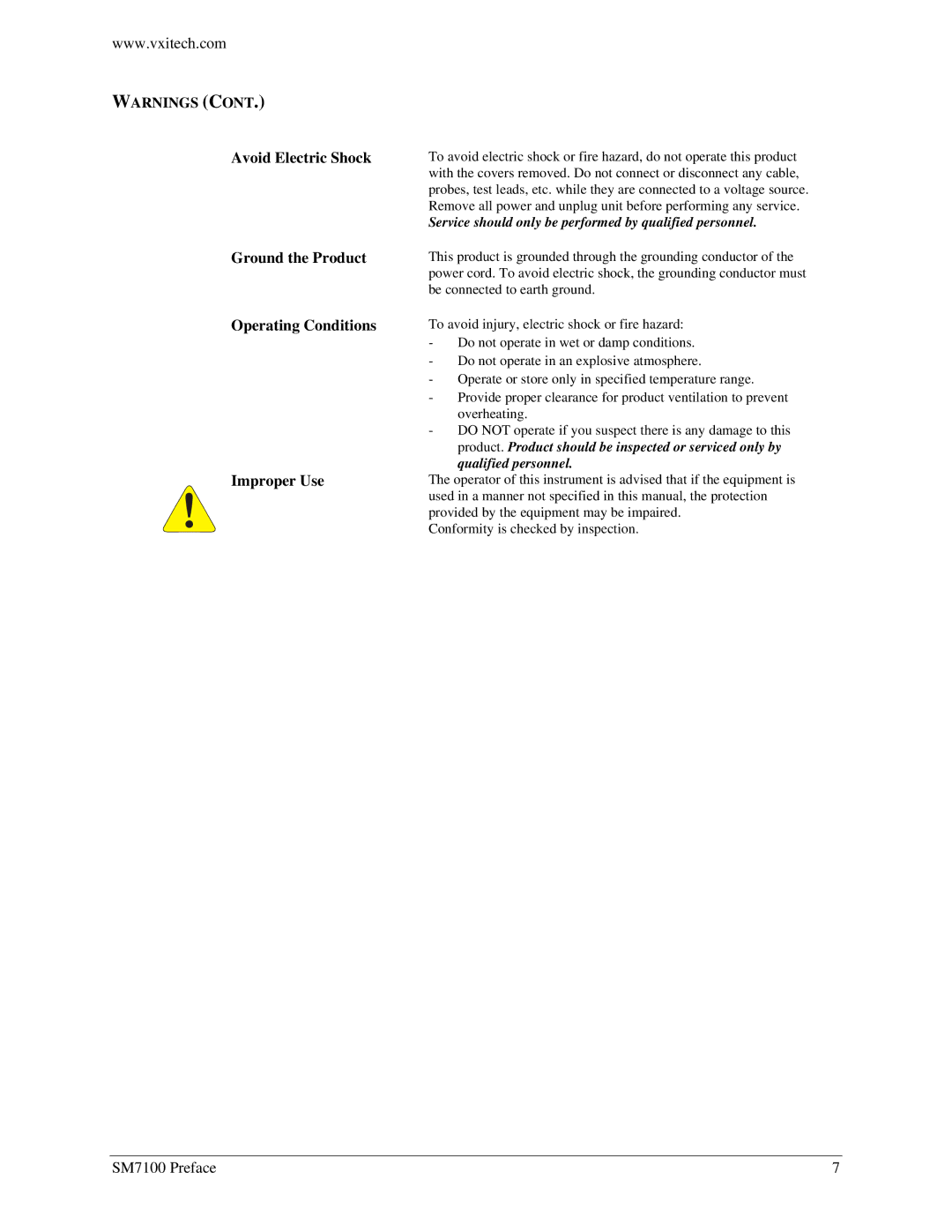 VXI SM7100, Microwave Matrix user manual Avoid Electric Shock 