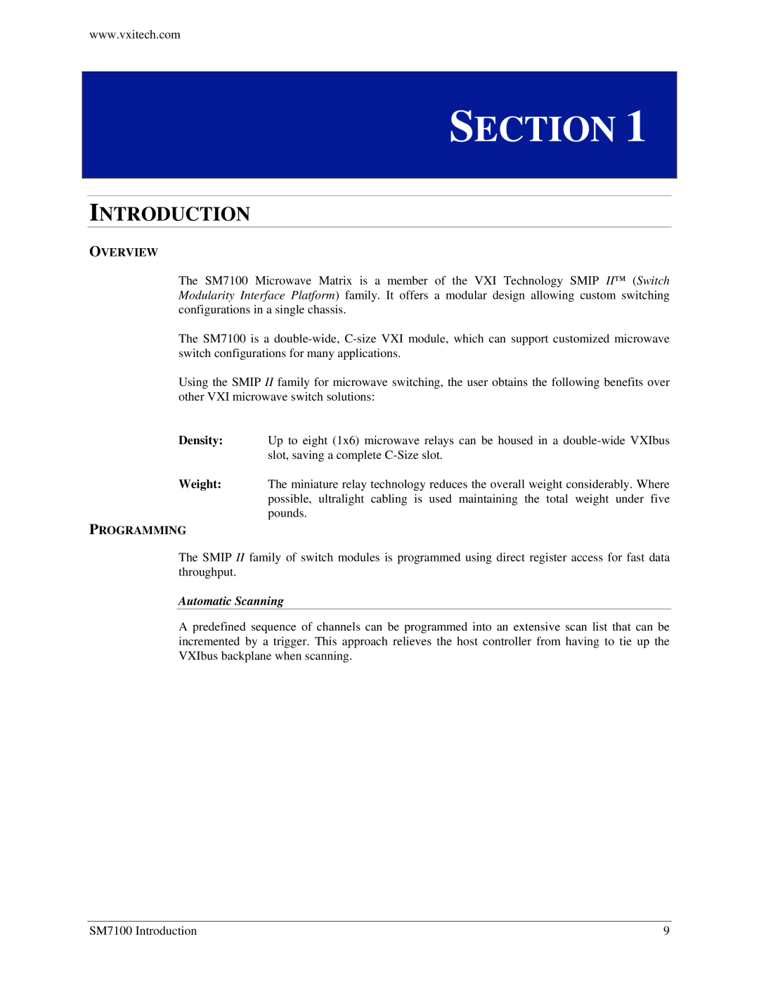 VXI SM7100, Microwave Matrix user manual Overview, Programming 