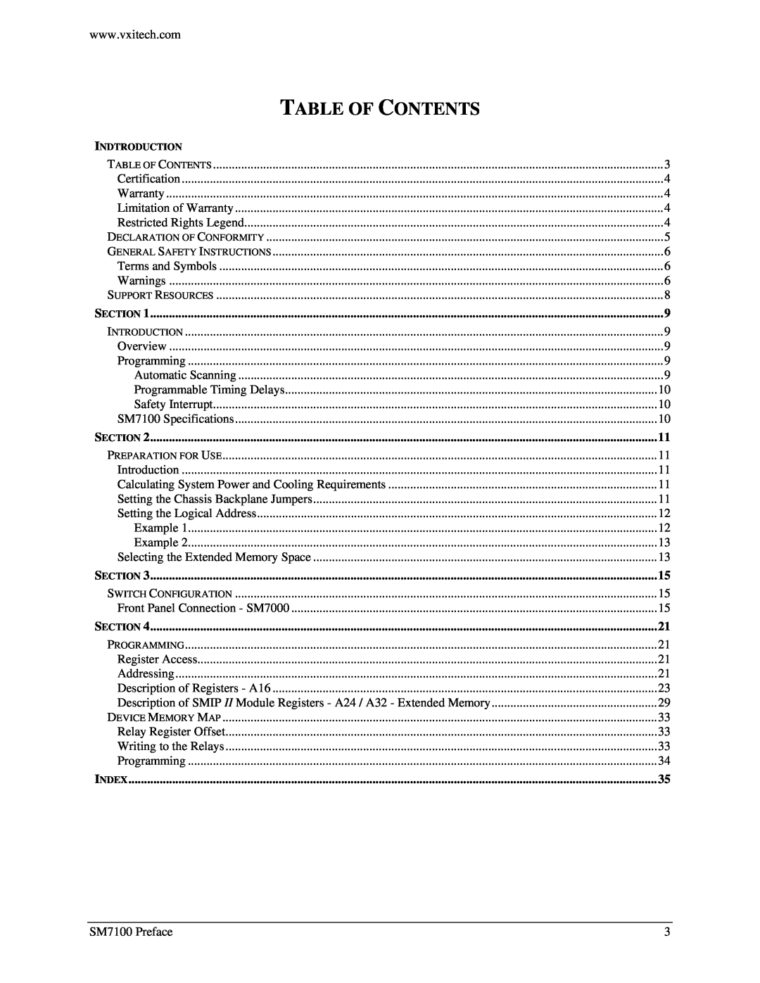 VXI SM7100, Microwave Matrix user manual Table Of Contents, Section, Index 