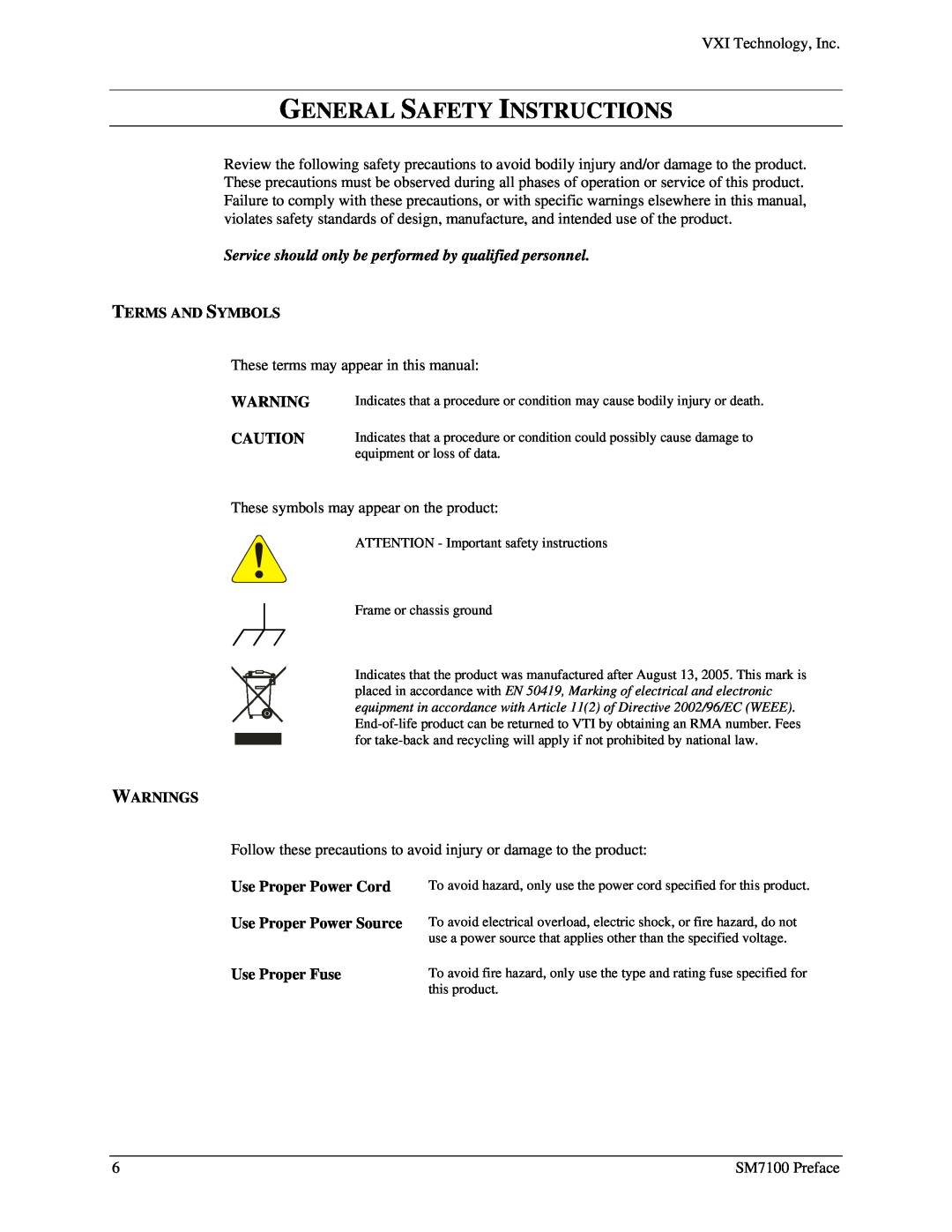VXI Microwave Matrix General Safety Instructions, Terms And Symbols, Warnings, Use Proper Power Cord, Use Proper Fuse 