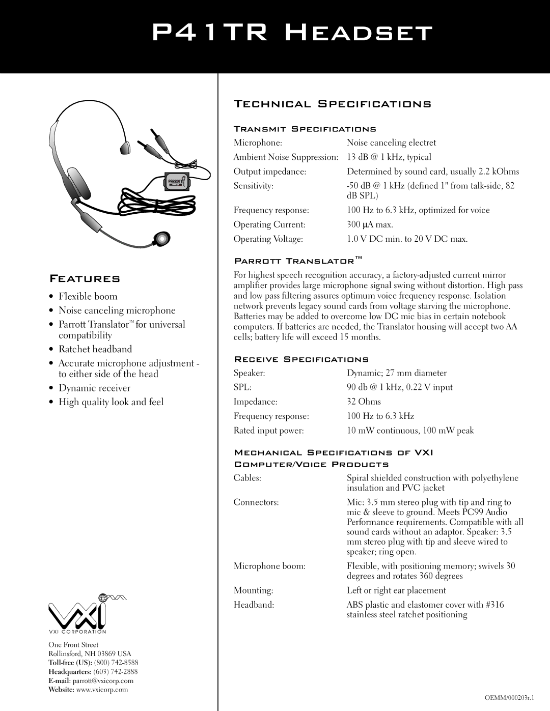 VXI technical specifications P41TR Headset, Features, Technical Specifications 