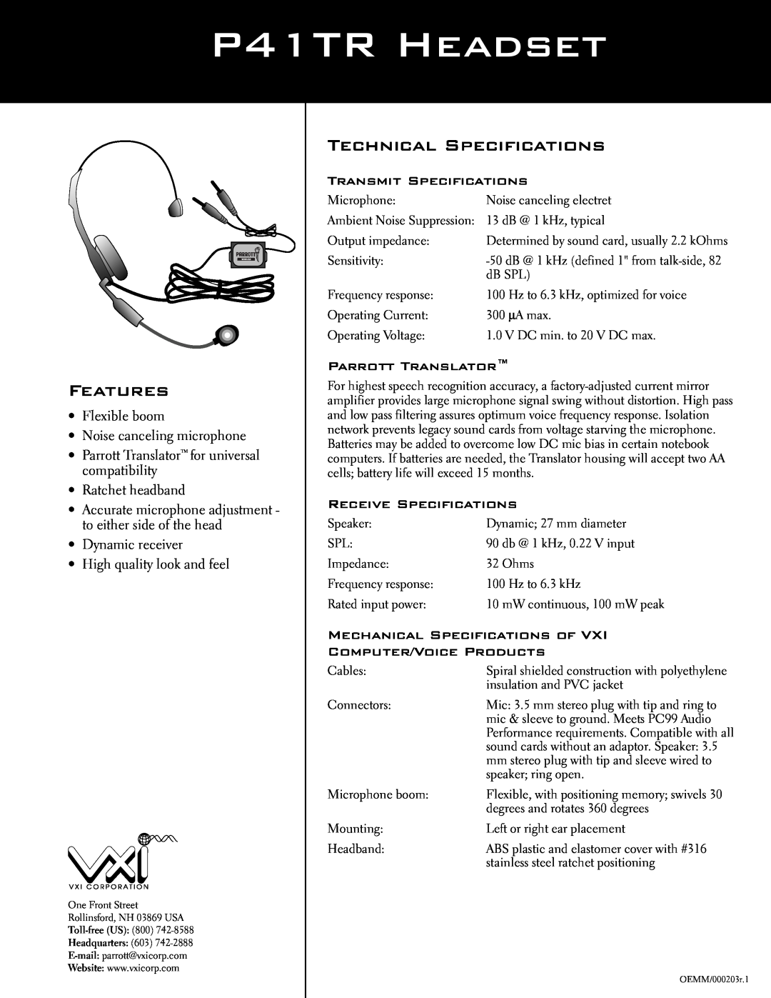 VXI technical specifications P41TR Headset, Features, Technical Specifications, Transmit Specifications 
