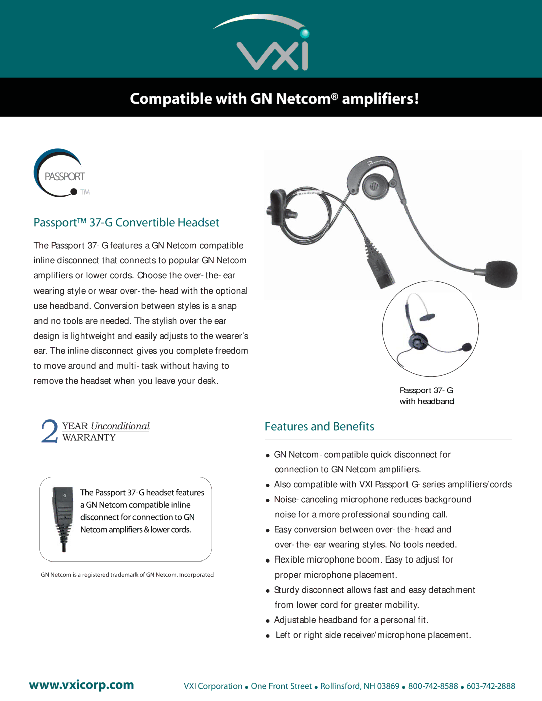 VXI warranty Compatible with GN Netcom amplifiers, WarrantyWARRANTY, Passport 37-G Convertible Headset 