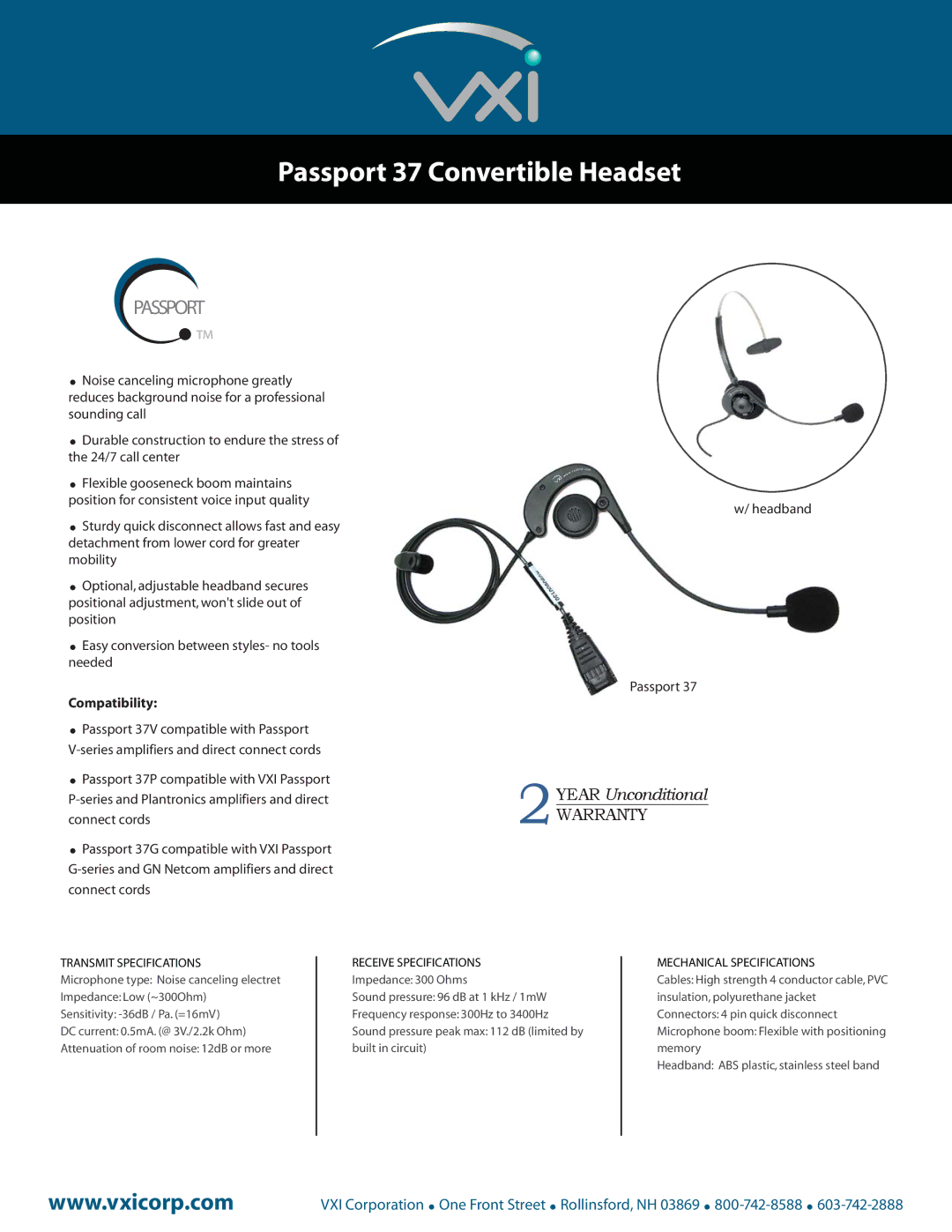 VXI warranty Passport 37 Convertible Headset, WarrantyWARRANTY, Compatibility 