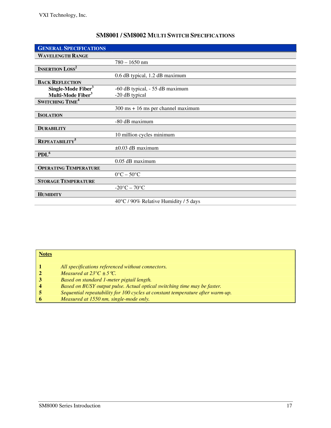 VXI SM8000 user manual SM8001 / SM8002 Multi Switch Specifications, PDL6 