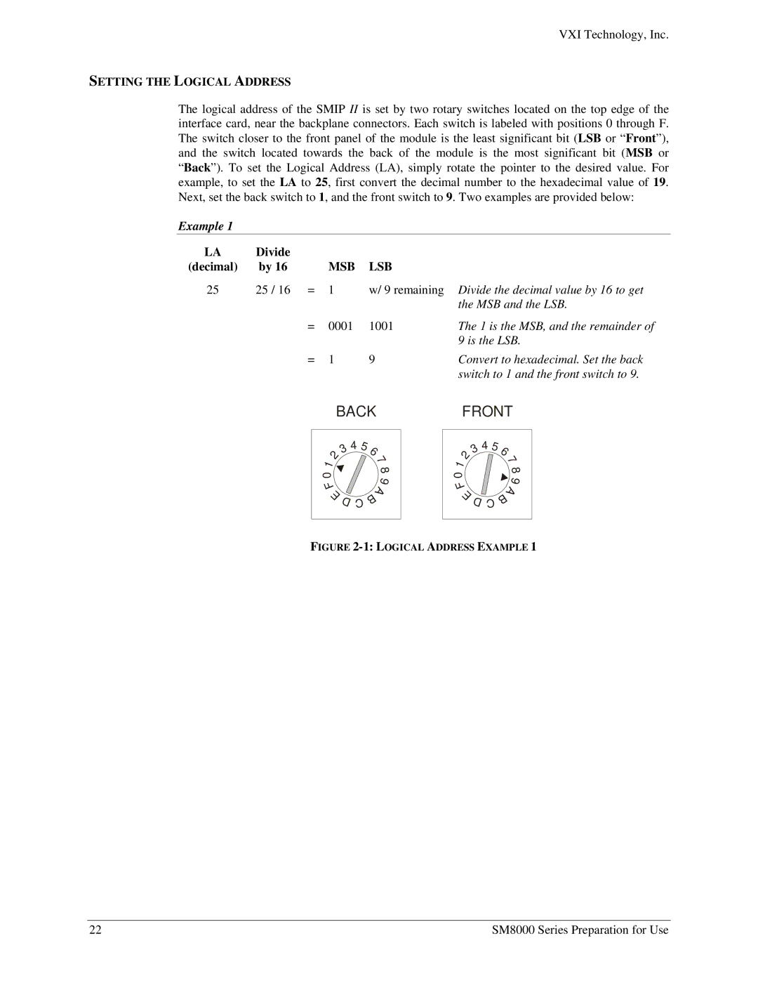 VXI SM8000 user manual Setting the Logical Address, Example, Msb Lsb 