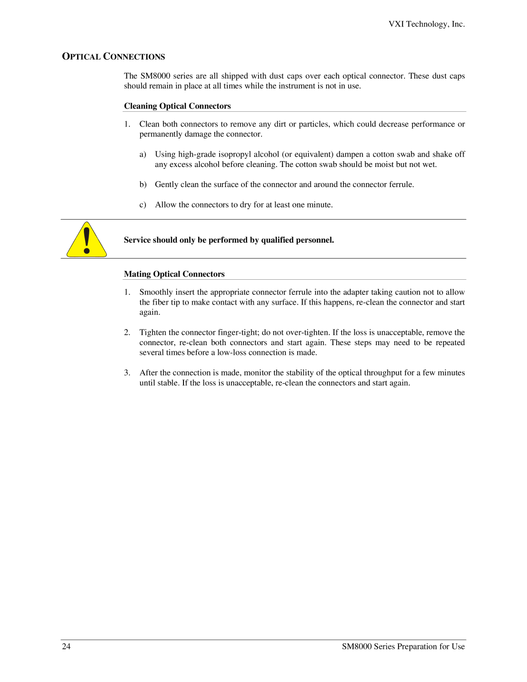 VXI SM8000 user manual Optical Connections, Cleaning Optical Connectors, Mating Optical Connectors 