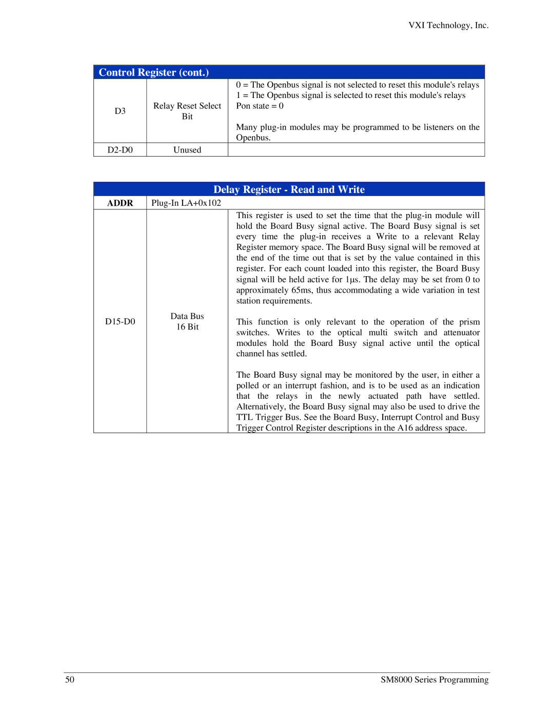 VXI SM8000 user manual Delay Register Read and Write 