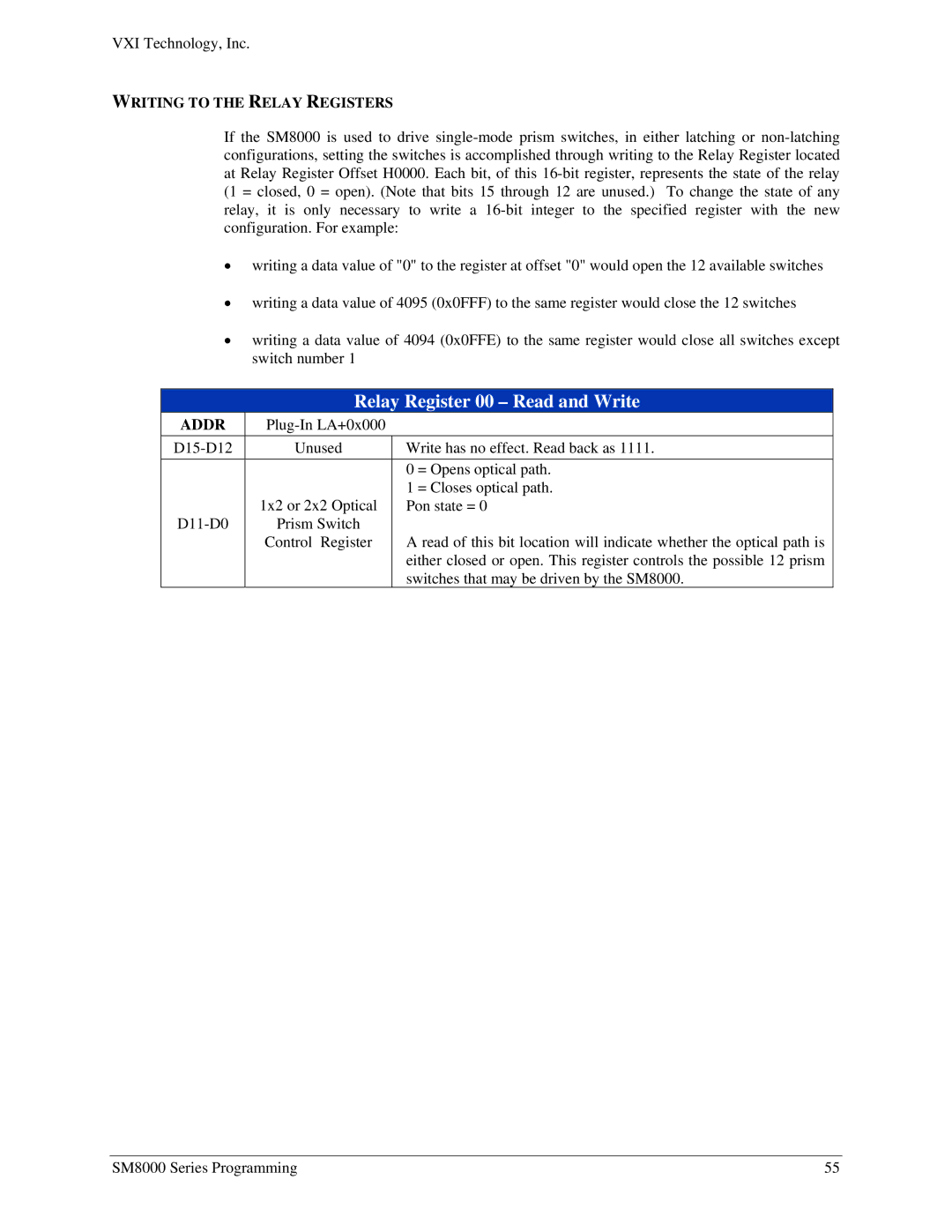 VXI SM8000 user manual Relay Register 00 Read and Write, Writing to the Relay Registers 