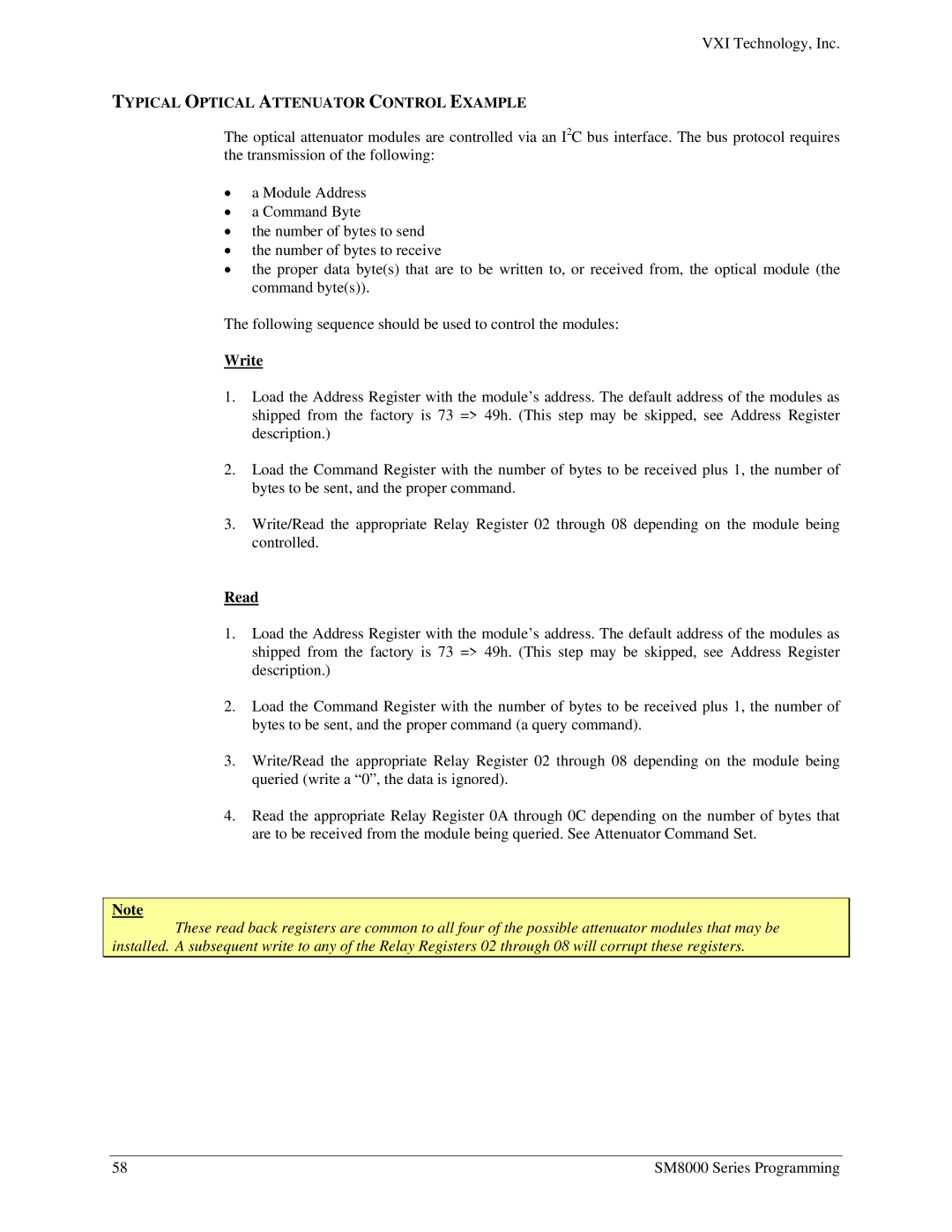 VXI SM8000 user manual Typical Optical Attenuator Control Example, Write 