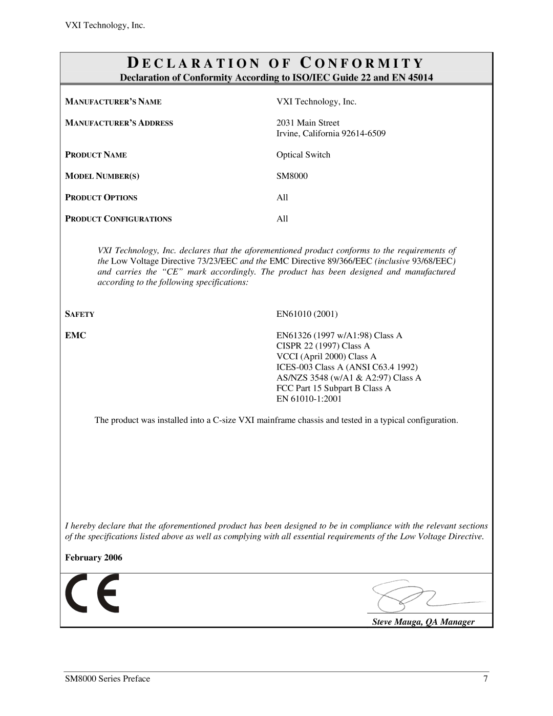 VXI SM8000 user manual Emc, Steve Mauga, QA Manager 