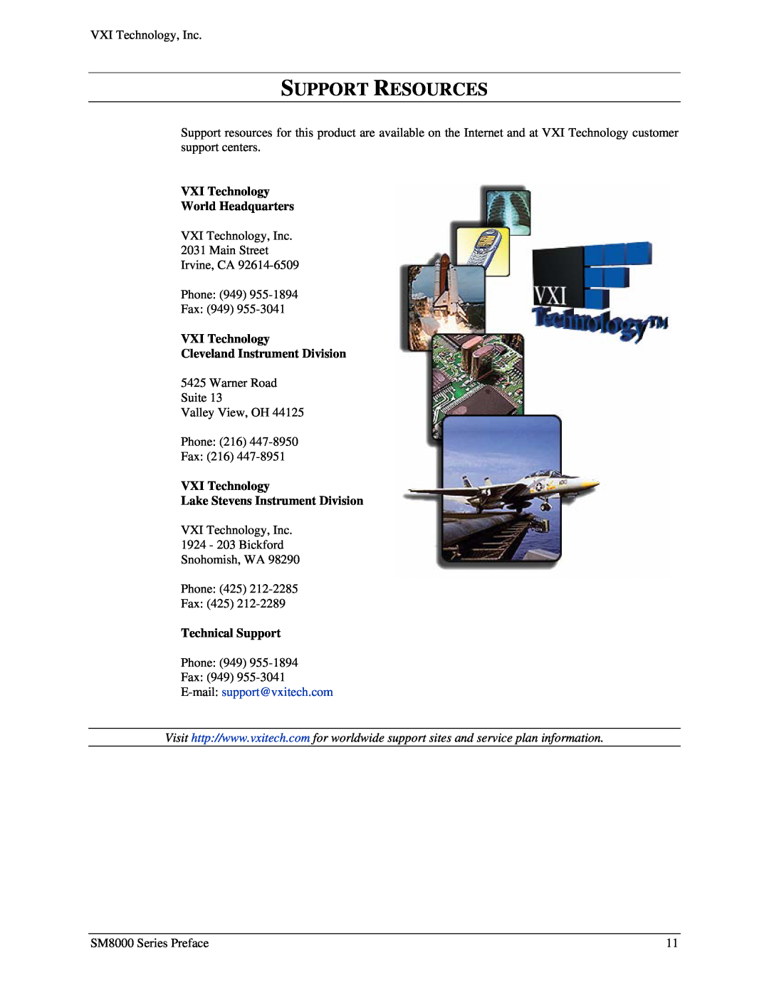 VXI SM8000 user manual Support Resources, VXI Technology World Headquarters, VXI Technology Cleveland Instrument Division 
