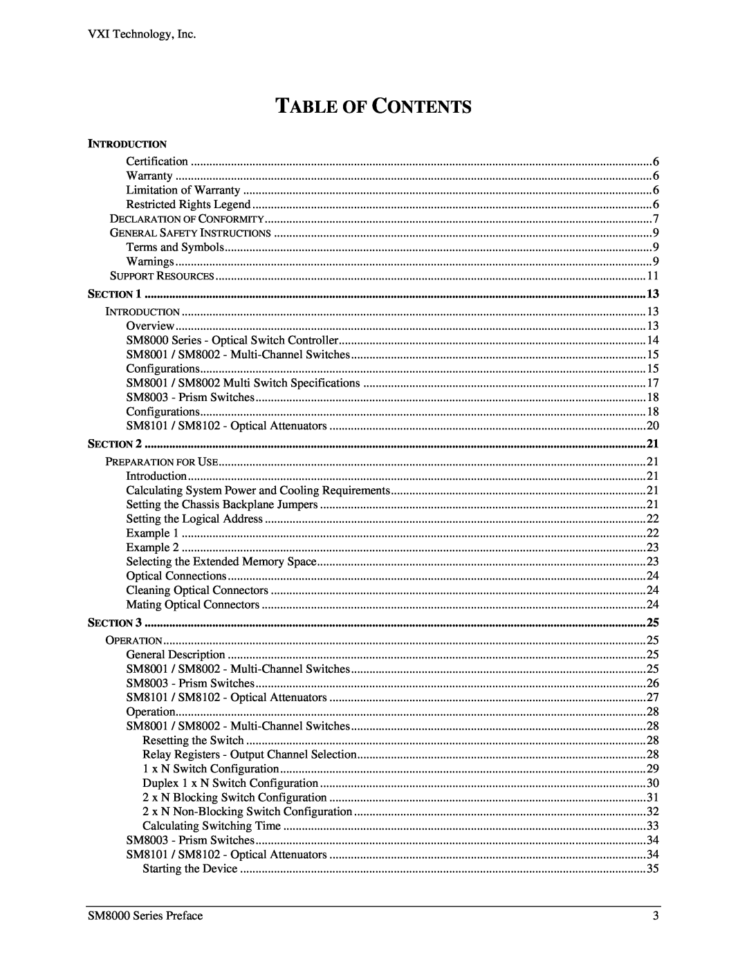 VXI SM8000 user manual Table Of Contents, Section, Introduction 