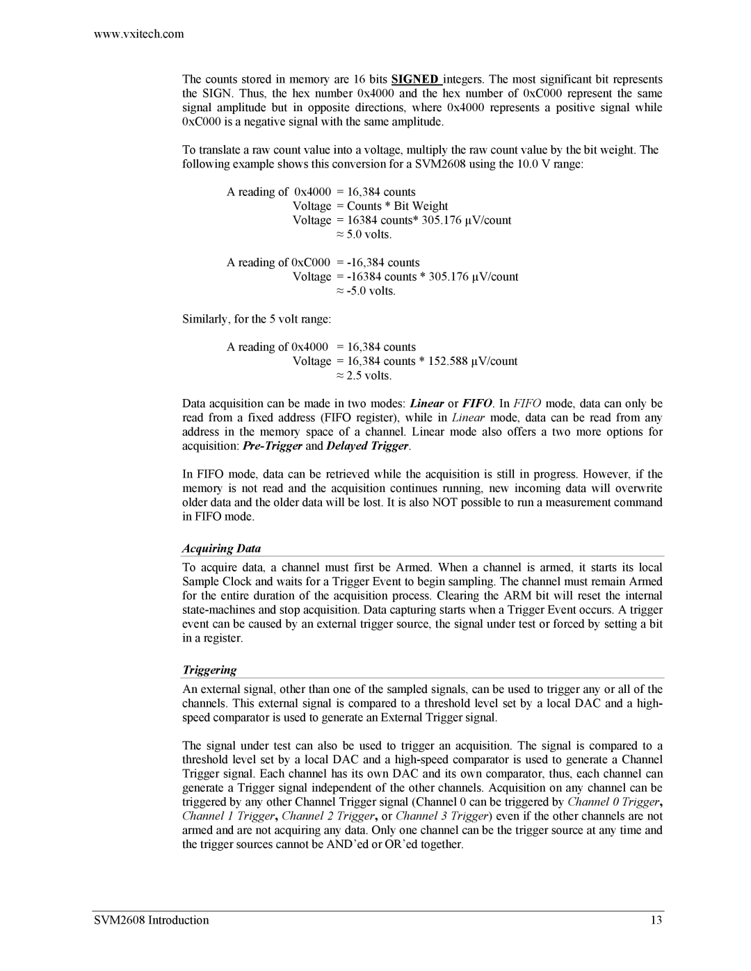 VXI SVM2608 user manual Acquiring Data, Triggering 