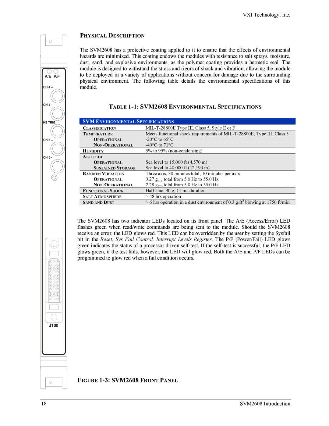 VXI user manual Physical Description, SVM2608 Environmental Specifications 