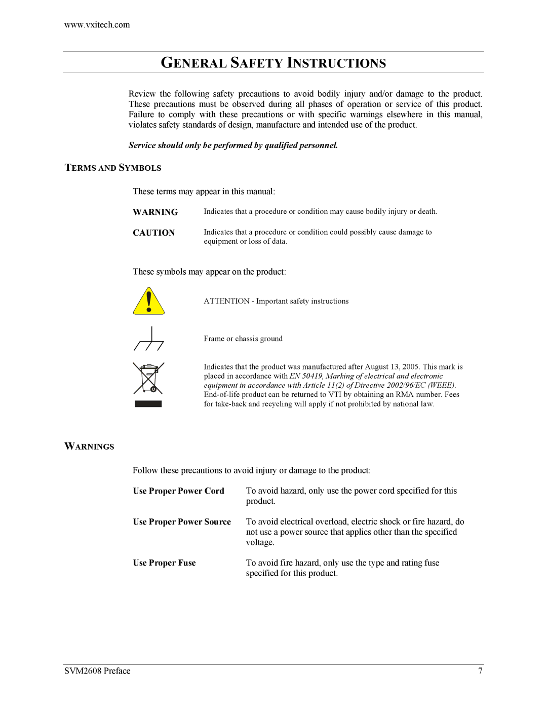 VXI SVM2608 user manual Service should only be performed by qualified personnel, Terms and Symbols, Use Proper Power Cord 