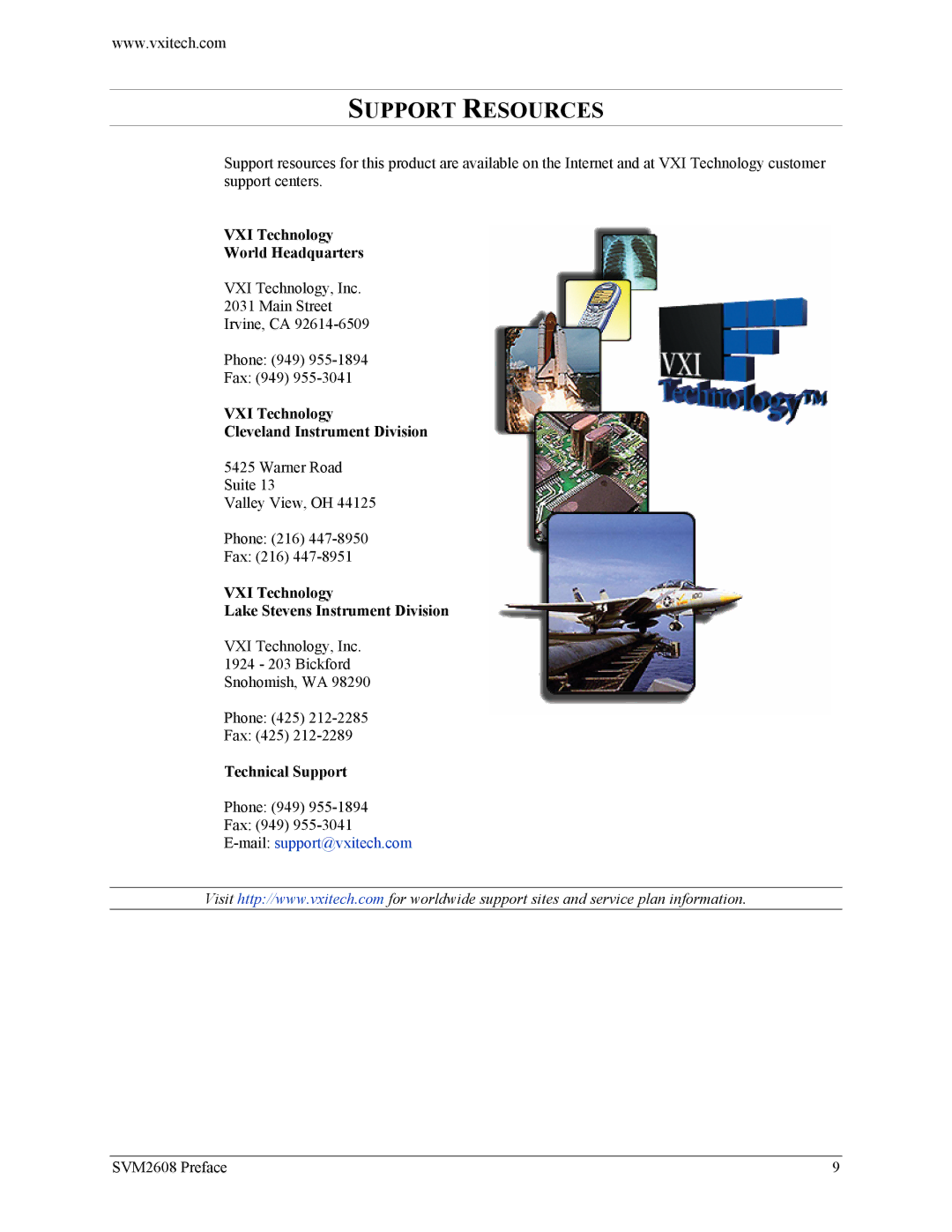 VXI SVM2608 user manual VXI Technology World Headquarters, VXI Technology Cleveland Instrument Division, Technical Support 