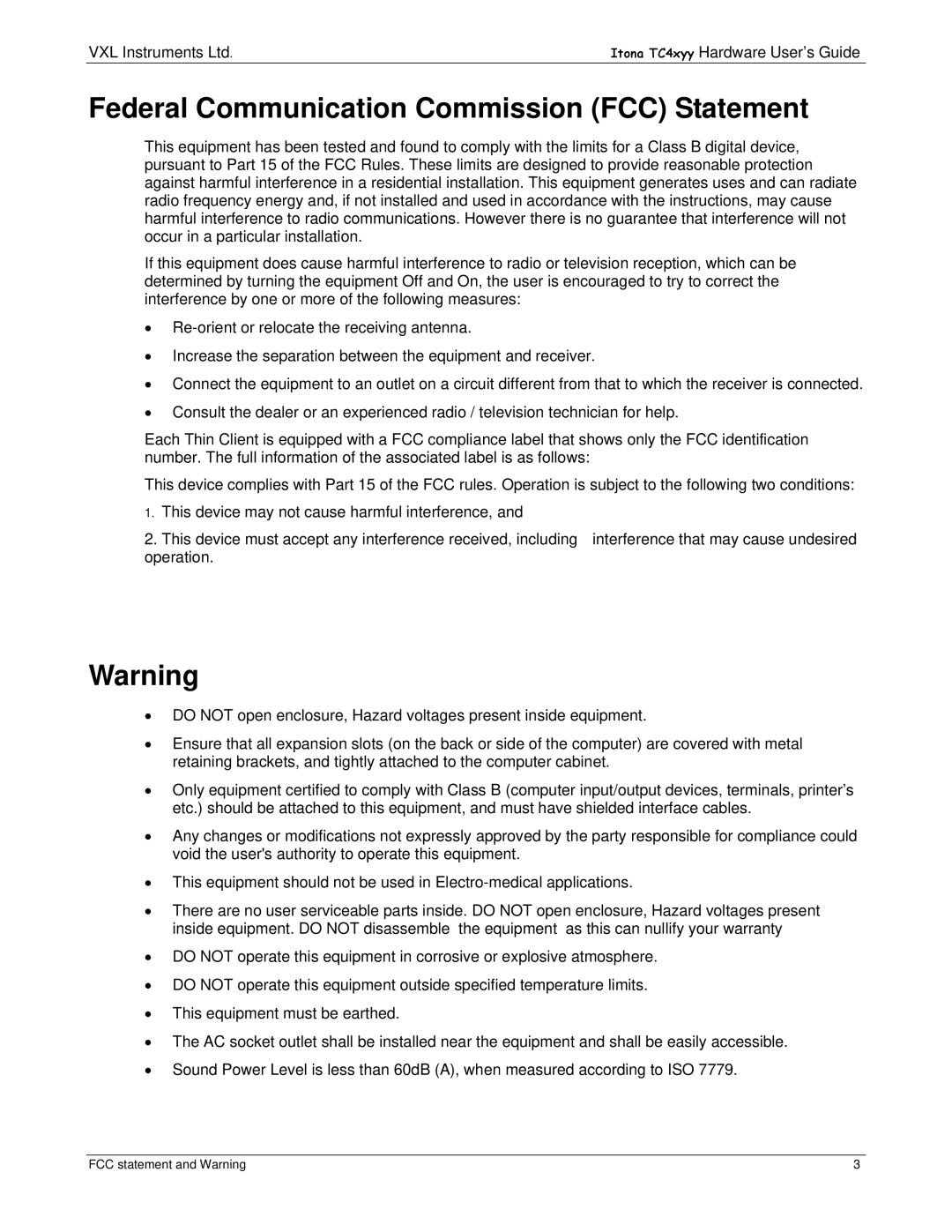 VXI TC4XYY manual Federal Communication Commission FCC Statement 